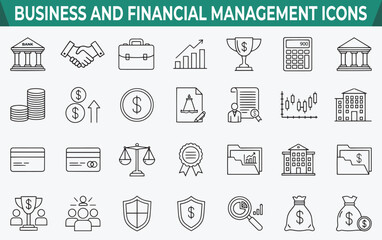 Business and Finance Icons. Financial Management. Outline vector set with bank, money, and investment symbols for web, apps, or presentations.
