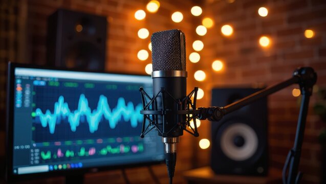 Professional recording studio setup featuring a condenser microphone monitor speaker and audio waveform display