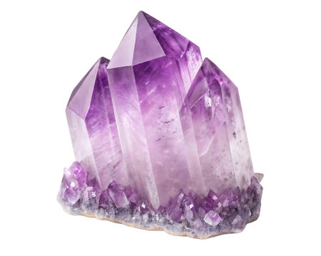 Cluster of violet purple crystal amethyst stones with sharp geometric points and rough base isolated on a transparent background - Powered by Adobe