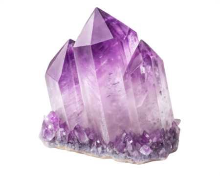 Cluster of violet purple crystal amethyst stones with sharp geometric points and rough base isolated on a transparent background
