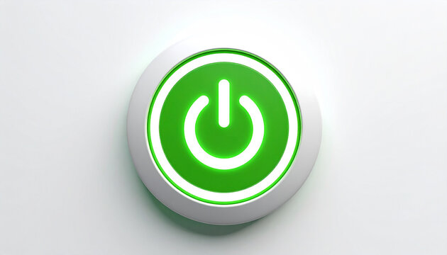 Power Button Icon: A close-up shot of a green illuminated power button against a clean, minimalist background, a universal symbol of technology and control.