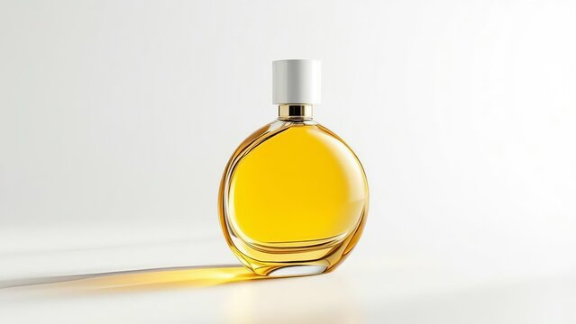 Elegant oval glass perfume bottle with golden liquid isolated on white background