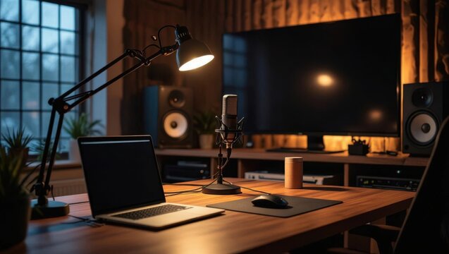Cozy home recording studio setup with laptop microphone speakers and large monitor - Powered by Adobe