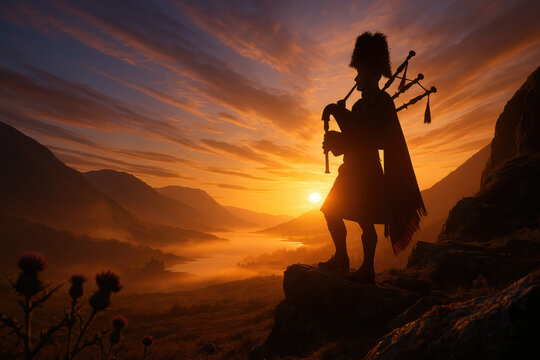 Highland Piper at Sunset Wearing Traditional Scottish Kilt Playing Bagpipes Amidst the Dramatic Highlands Landscape

