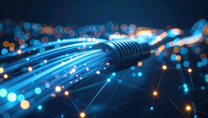 Cybernetic Network Connection: A close-up view of a fiber optic cable transmitting data, showcasing the intricate and futuristic nature of communication technology. Focus on interconnected network. 