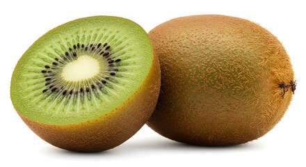 Fototapeta premium Kiwi Fruit Duo: Whole and Halved on White Background