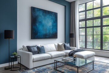 White wall with dark blue abstract art above sofa in elegant living room, minimal modern decor with glass coffee table and black metal floor lamps