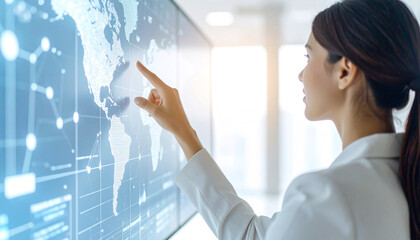 Global Perspective: A visionary woman in a modern office explores the world, interacting with a dynamic touch screen. Imbued with innovation and insight, ready to uncover global patterns.