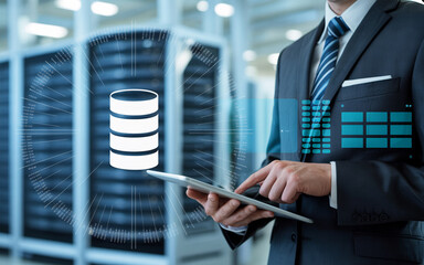Businessman interacting with tablet analyzing data visualization over database servers in modern data center facility