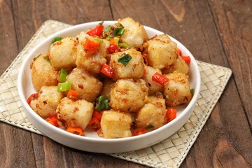 Tahu Cabe Garam. Salted chili tofu is a simple dish made from tofu that is cut and then added with flour and spices