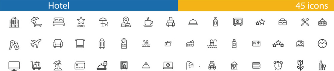 Collection of hotel and travel related line icons for hospitality services