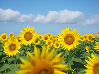 Fototapeta premium Vibrant Sunflower Field Under a Sunny Blue Sky: Happy, Summer, Nature Photography