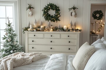 White wooden dresser with seven drawers in bright room, decorated with Christmas ornaments, minimalist holiday interior design