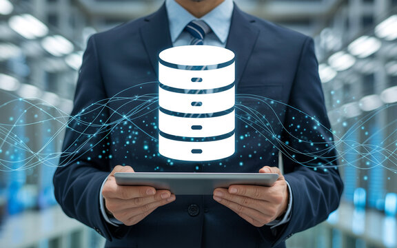 Businessman using tablet connected to cloud database representing modern technology data storage and digital information