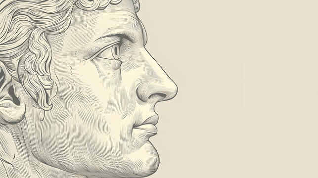 Detailed profile of a male head, likely Roman or Greek, in a finely rendered line drawing style.  Close-up view of the face, nose, and hairline