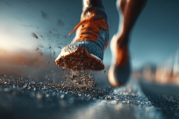 Runner accelerates on a track under a vibrant sunset, with detailed focus on the movement and shoe action