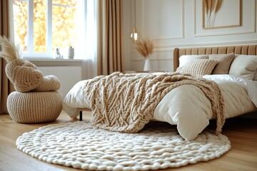 Beige velvet bed frame with black legs, minimalist Scandinavian bedroom with light rug and modern decor, cozy restful sleeping space