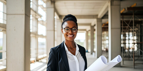 Young Black Female Architect with Rolled Blueprints Smiling at Construction Site with Sunlight Streaming Through Structure.