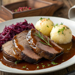 Slices of roast beef with gravy, potato dumplings, and red cabbage on a plate