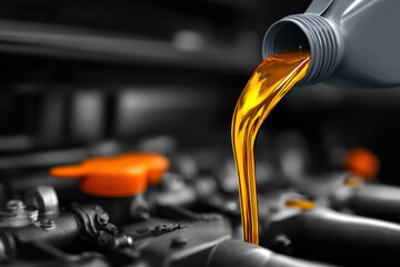 Golden motor oil flows smoothly into an engine during a routine maintenance check, highlighting meticulous care for vehicle performance