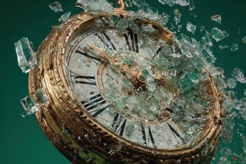 An antique clock shatters dramatically, its fragments scattering across a vibrant backdrop, symbolizing the fleeting nature of time