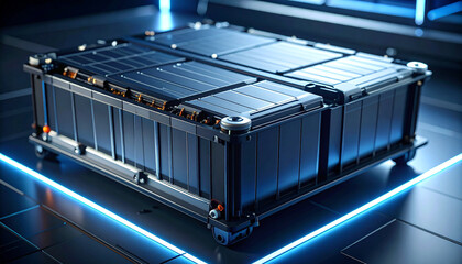 Obraz premium Advanced EV Battery Module: A detailed high-angle shot showcasing a sleek, modern EV battery module, highlighting its robust design and technological prowess for sustainable transport.