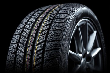 A clean tire is presented against a black background, highlighting its tread pattern meant for enhanced grip and performance on various surfaces