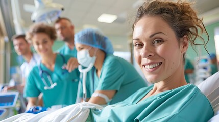 Fototapeta premium Female patient smiling, surrounded by diverse healthcare professionals in scrubs, showcasing a supportive hospital environment.