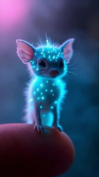 A tiny glowing creature stands curiously in a magical, vibrant, and enchanting blue and purple world.