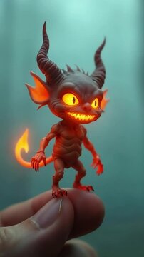 A tiny glowing fantasy creature with horns and sharp teeth stands mischievously on a human finger.