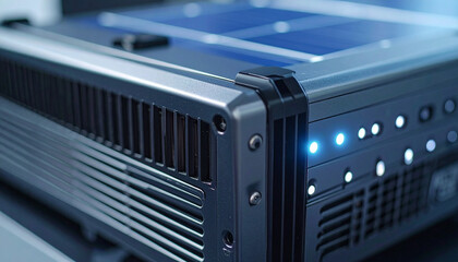 Technological marvel: A detailed close-up of a sophisticated piece of industrial technology, sleek metal casing adorned with luminous lights.