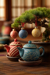 Christmas tea ceremony celebrating with festive ornaments and teapots