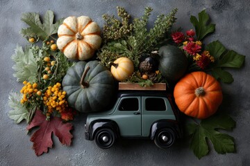 Pumpkins and Toy Car Arrangement