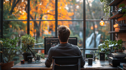 Ergonomic Standing Desk with Monitor Arm, Employee Stretching by Floor-to-Ceiling Windows, Smartwatch Monitoring Heart Rate, Open-Plan Office with Indoor Waterfall Feature