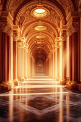 A long, golden corridor with a patterned marble floor leads to a doorway. The space is lit by natural light streaming through the hall.