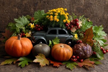 Pumpkins Car and Flowers Autumn Still Life