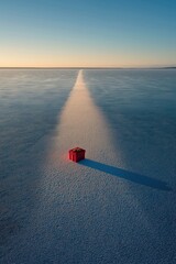 Red christmas gift sitting on frozen lake at sunset
