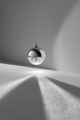 Silver christmas ball hanging in a white room with dramatic lighting