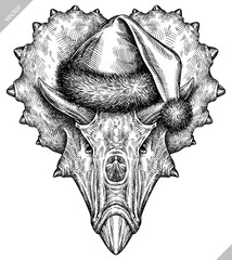 Vintage engraving isolated Triceratops set dressed christmas illustration reptile ink santa costume sketch. Dinosaur background silhouette Jurassic new year hat art. Hand drawn vector image