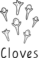 Cloves spices, vector illustration with lettering. outline doodle style, isolated on white background