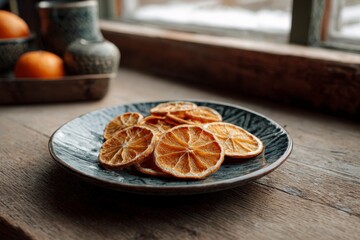 Dried Orange Fruit on Plate by Window