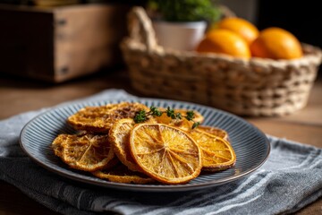 Dried Orange Slice with Herbs and Basket of Oranges