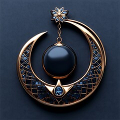 Ornate crescent moon pendant with a dark gemstone