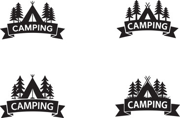 Obraz premium Camping tent and trees emblem with banner silhouette
