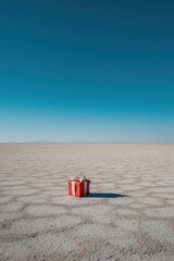 Red christmas gift resting on a desolate white sandy landscape