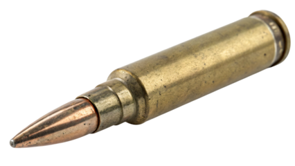 Isolated rifle bullet on white, closeup of metal gun ammunition