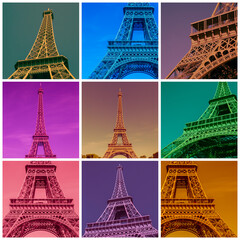collage made of photos of Eiffel Tower in Paris colored in different colors