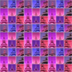 seamless pattern: square tiles with photos of Eiffel Tower in Paris colored in different purple and violet tints