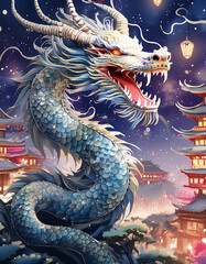 Fototapeta premium A majestic white dragon with glowing red eyes, soaring through a starry night sky above a Chinese village. Generative AI.