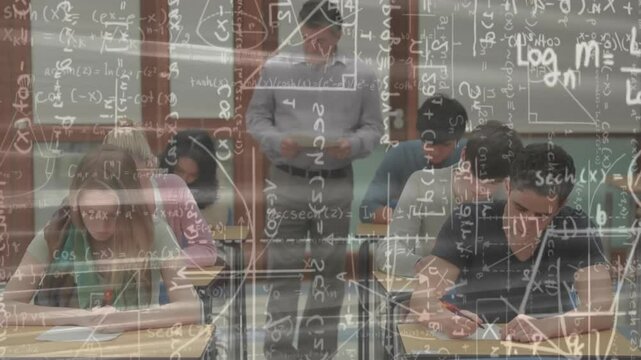 Teacher stepping into aisle distributing exam papers in math class, formulas appearing over desks